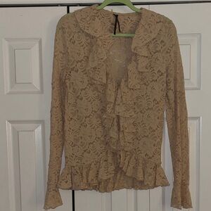 Anthropologie Lace Ruffle Blouse in Tan